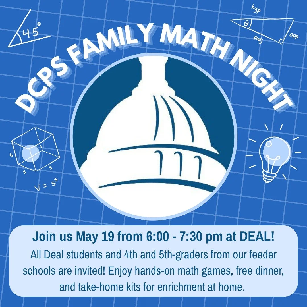 Join us May 19 starting at 6 pm for our DCPS Family Math Night at DEAL! Enjoy hands-on math games, free dinner, and take-home kits for enrichment at home! #admsherewegrow