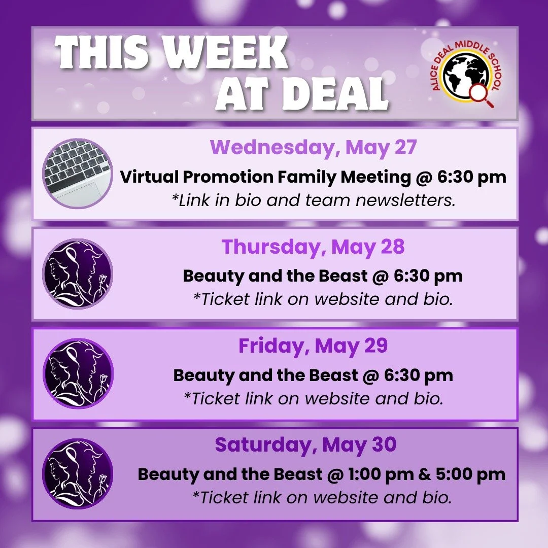 8th grade families are invited to our Virtual Promotion Meeting on May 27 at 6:30 pm. Save the date for Beauty and the Beast this Thursday, May 28 through Saturday, May 30 and celebrate our student performers! #admsherewegrow