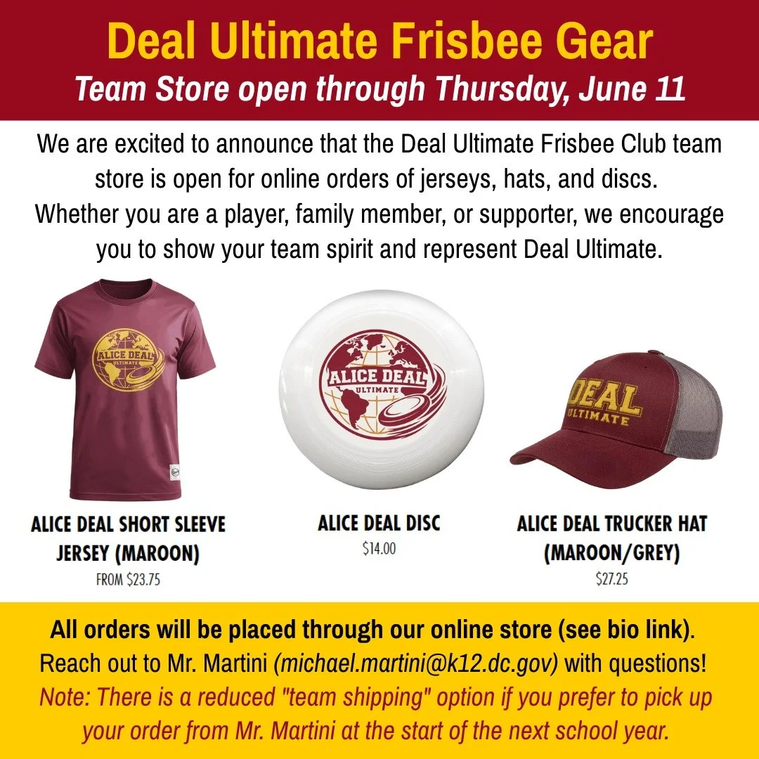 The Deal Ultimate Frisbee Club team has invited the Deal community check out their team store! Whether you are a player, family member, or supporter, show your team spirit and represent Deal Ultimate! The online store is open through Thursday, June 1