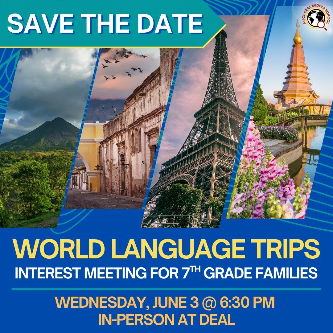 7th grade families interested in learning more about our World Language Trips are invited for an in-person meeting at Deal on Wednesday, June 3 at 6:30 pm! #admsherewegrow