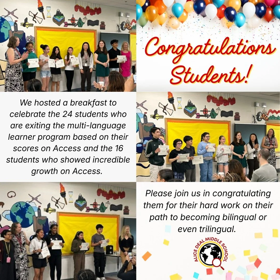 We hosted a breakfast to celebrate&nbsp;the 24 students who are exiting the multi-language learner program based on their scores on Access and the 16 students who showed incredible growth on Access. Please join us in congratulating them for their har