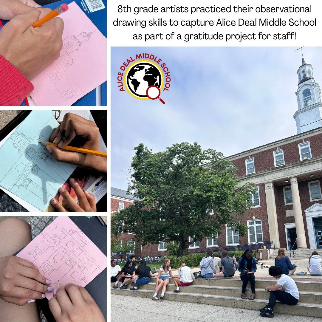 8th grade artists practiced their observational drawing skills to capture Alice Deal Middle School as part of a gratitude project for staff! #admsherewegrow