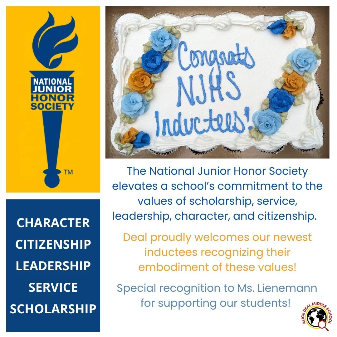 Deal proudly welcomes our newest inductees into the National Junior Honor Society! A special thank you to Ms. Lienemann for supporting our students! #admsherewegrow