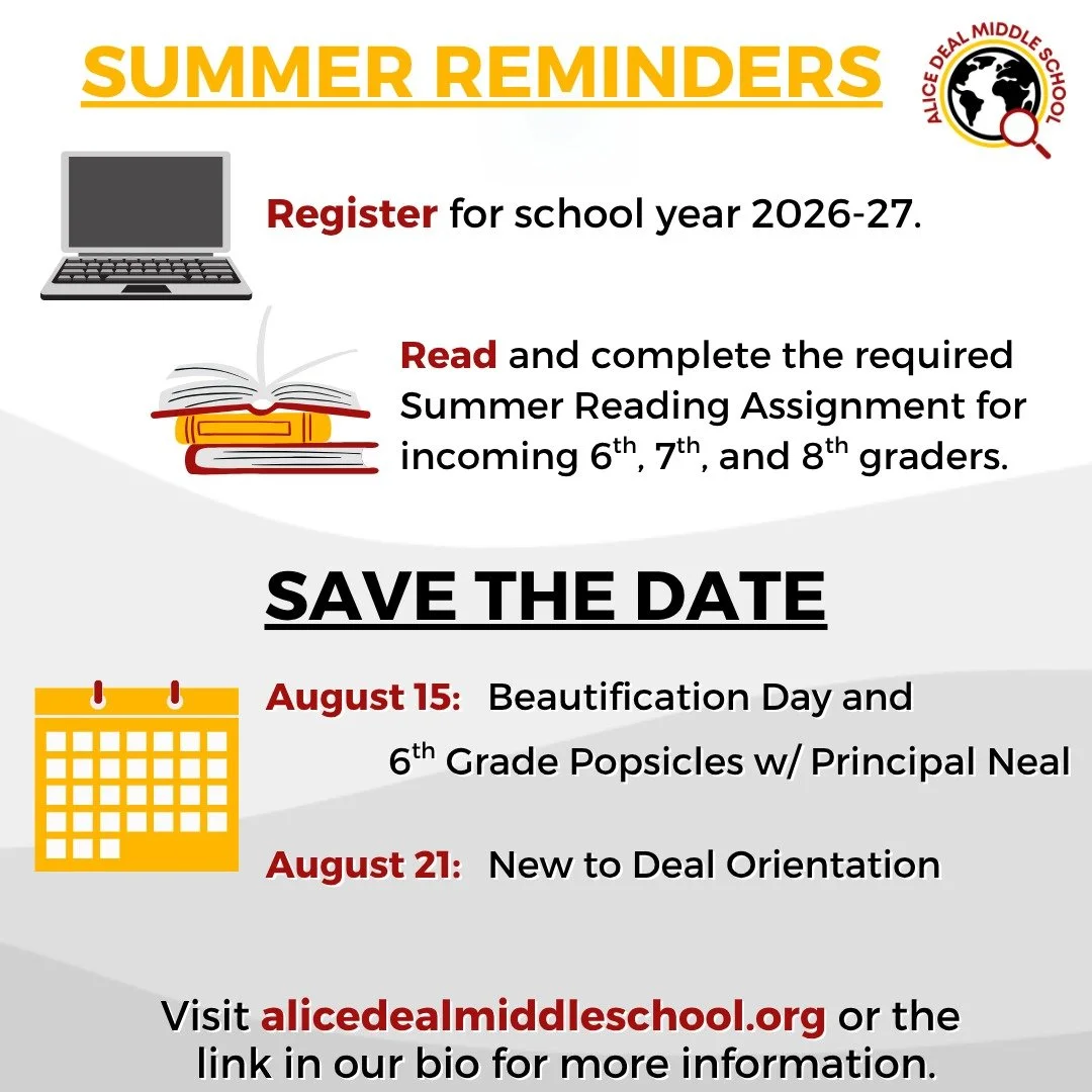 We hope our Deal community is enjoying a wonderful summer! Visit alicedealmiddleschool.org or visit our bio link to register for school year 2026-27, review the Summer Reading Assignments, and view our calendar of events! #admsherewegrow