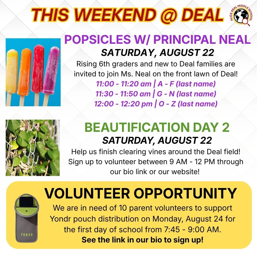 We can't wait to see you at our Popsicles with Principal Neal and Beautification events happening tomorrow, August 22! We have another volunteer opportunity available on Monday for Yondr pouch distribution support as well. See our bio link to sign up