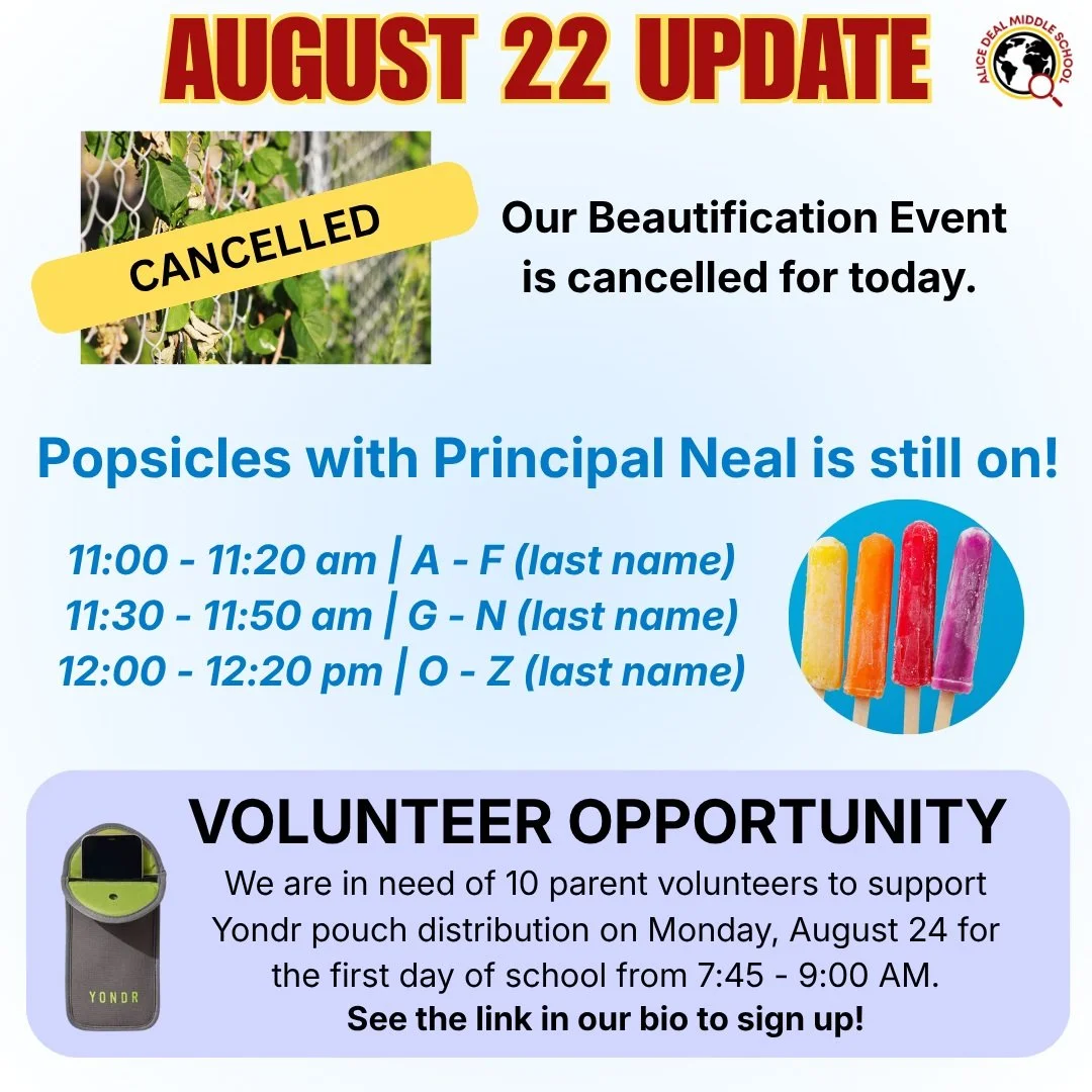 Saturday, August 22 Update: Our Beautification Event is cancelled. We will still hold our Popsicles with Principal Neal event starting at 11 am! #admsherewegrow