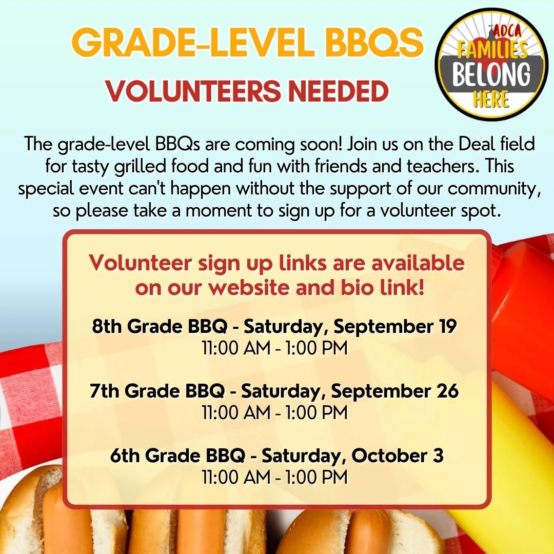 Our grade-level BBQs are coming soon and we need volunteers to support this wonderful community event! Sign up on the Deal homepage or through our bio link! #admsherewegrow
