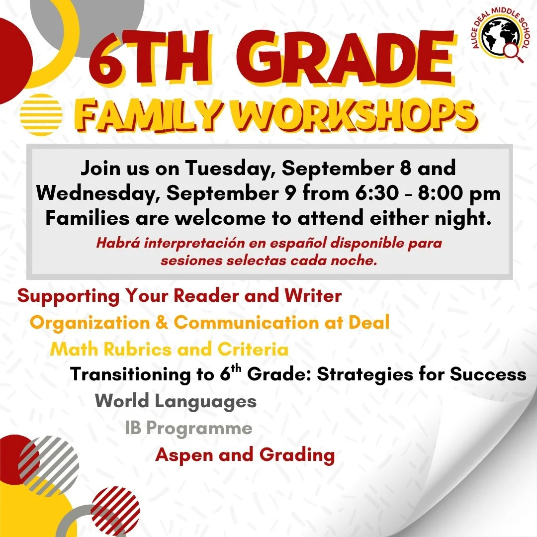 Our 6th grade Family Workshops will be Tuesday, September 8 and Wednesday, September 9 from 6:30 to 8 pm! Families are welcome to attend either night! #admsherewegrow