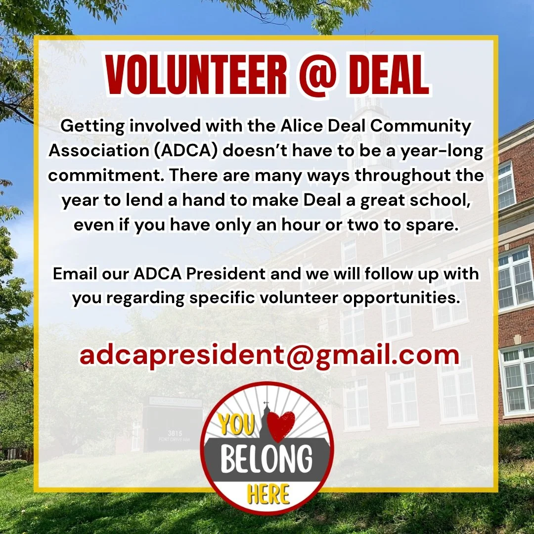 Getting involved with the Alice Deal Community Association (ADCA) doesn&rsquo;t have to be a year-long commitment. There are many ways throughout the year to lend a hand to make Deal a great school, even if you have only an hour or two to spare. Emai