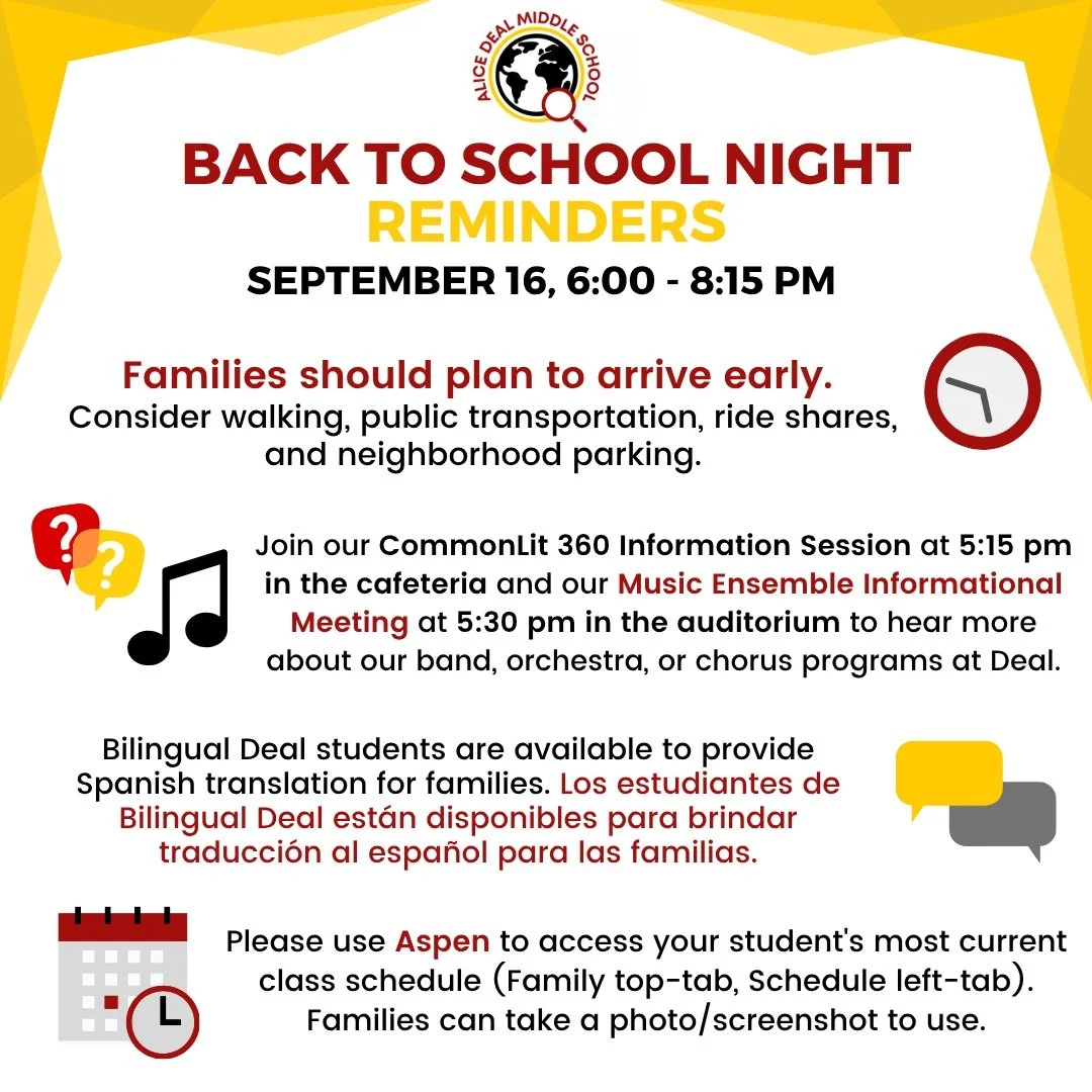 We are looking forward to welcoming our families to Back to School Night on Wednesday, September 16! There will be a CommonLit 360 information meeting starting at 5:15 pm and a Music Ensemble information meeting starting at 5:30 pm. See you there! #a