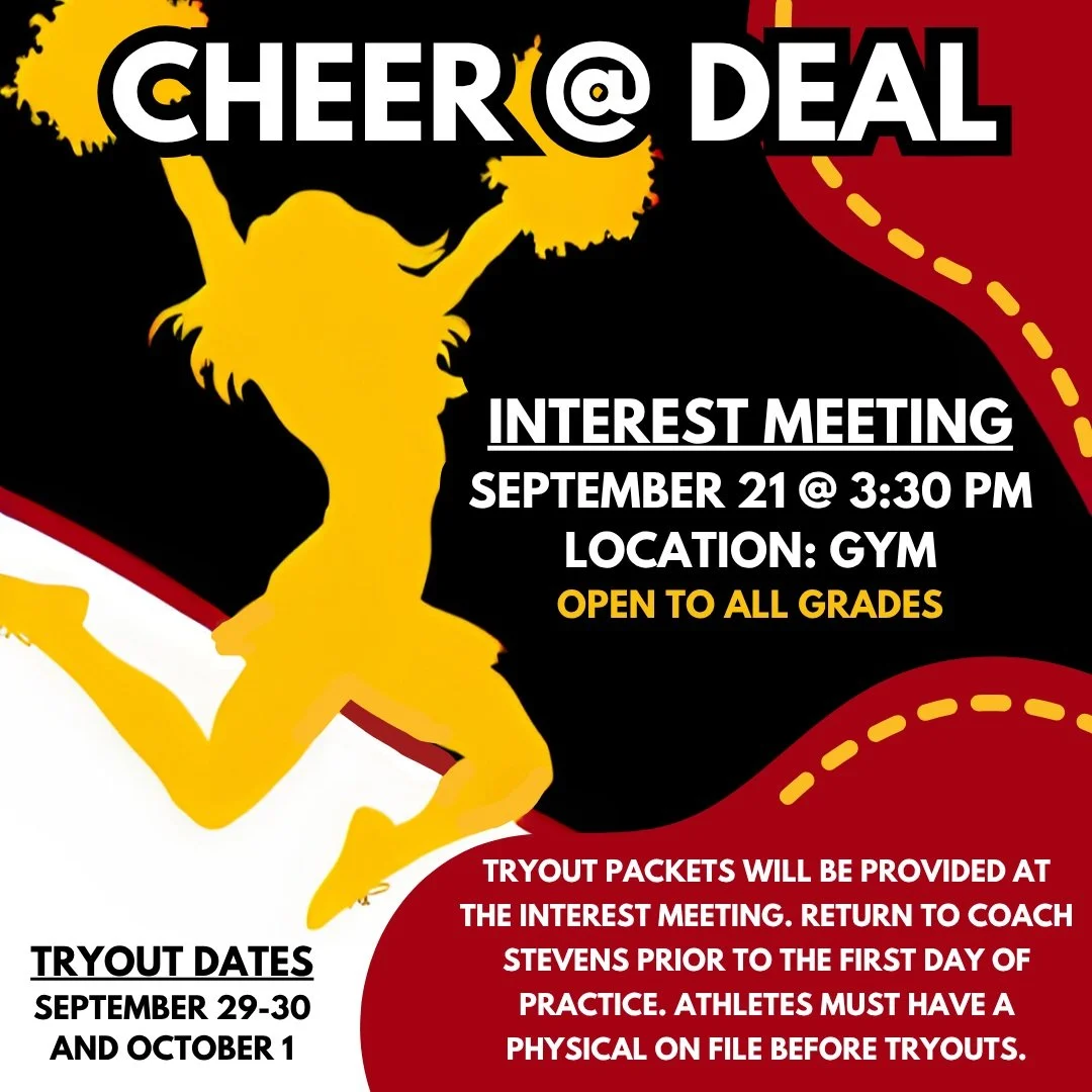 There will be an interest meeting on September 21 at 3:30 pm in the gym for students interested in joining Deal's cheer team! Tryout packets will be provided at the interest meeting. #admsherewegrow