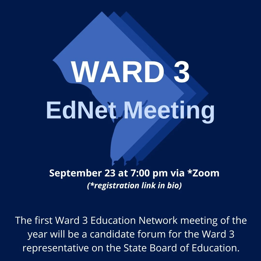 The first Ward 3 Education Network meeting of the year will be a candidate forum for the Ward 3 representative on the State Board of Education on Wednesday, September 23. The Zoom registration link is in our bio.