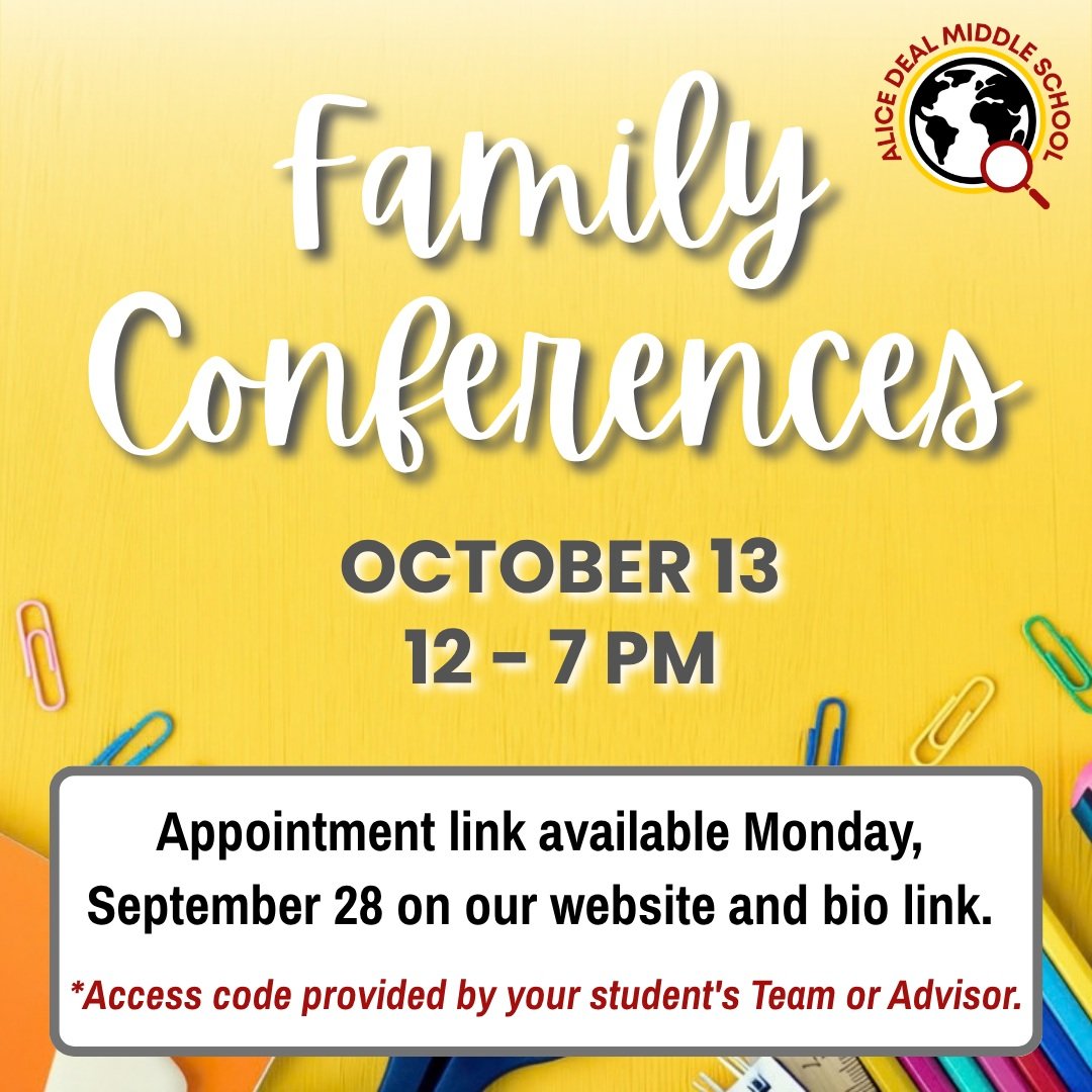 Conference sign-ups open up today, September 28! Access codes will be provided by your student's Team (6th grade) or Advisor (7th/8th grade). Appointment link is available on our website and bio link for the October 13 conferences. #admsherewegrow