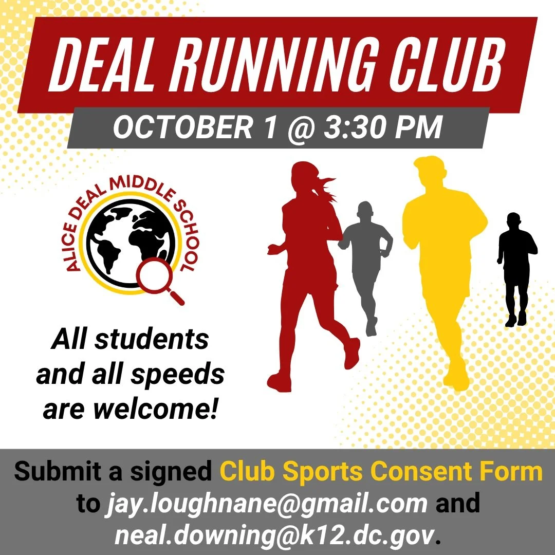 Deal Running Club starts this Thursday! All students and speeds welcome! Submit a completed Club Sports Consent Form (located on the Deal Athletics page) to our Sports Liaison and Athletics Director prior to participating. #admsherewegrow