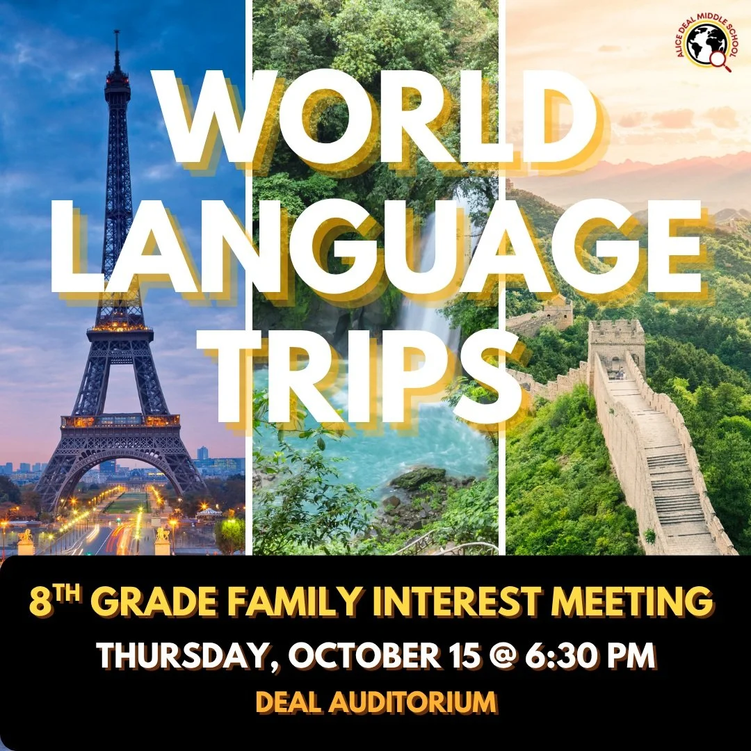 Save the date for our 8th grade World Language Trip Family Meeting on Thursday, October 15 @ 6:30 pm! #admsherewegrow