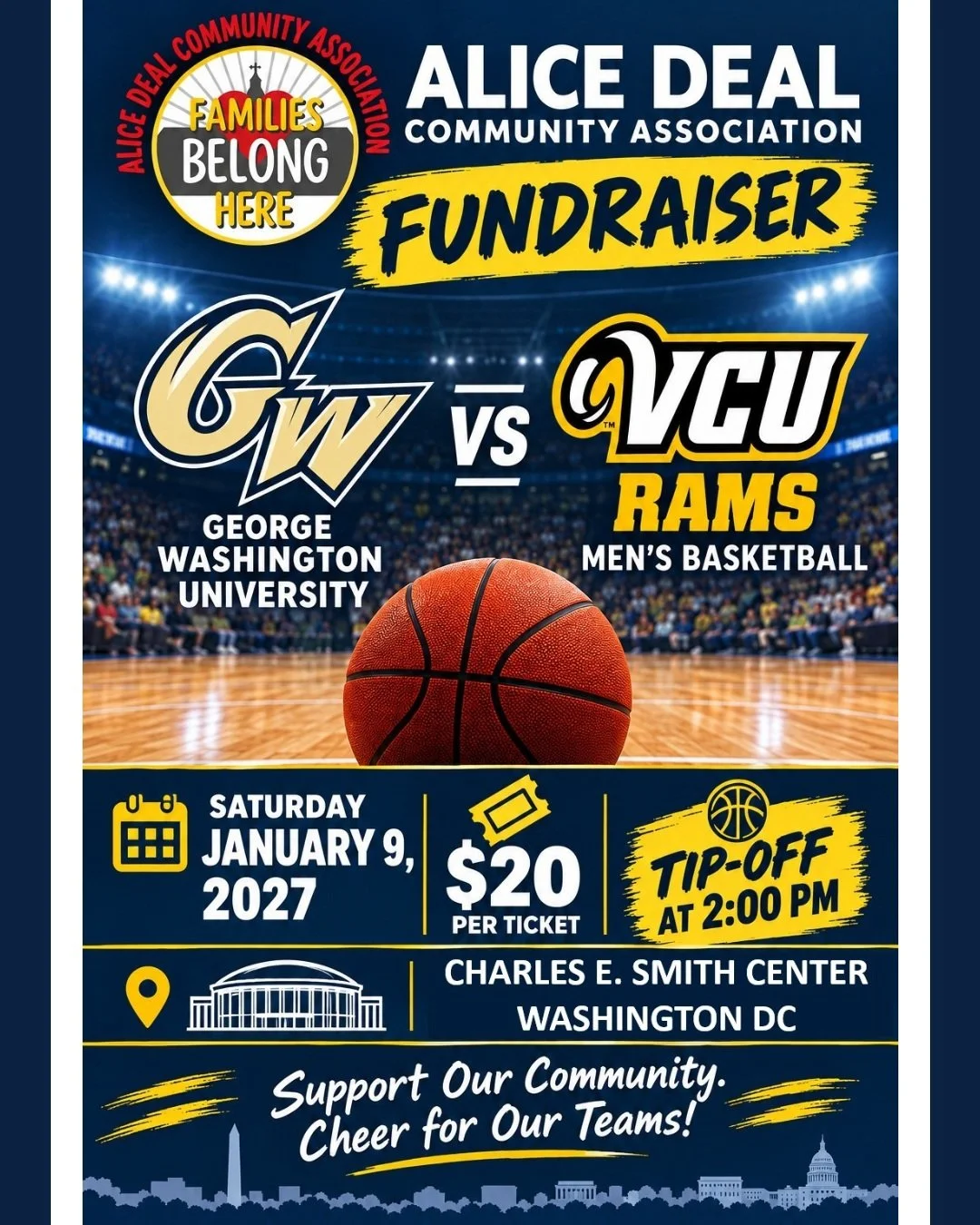 Support Alice Deal and Cheer for George Washington University! Students and families will sit in a dedicated section and will be treated as Special Guests, with exciting events for our students depending on how many total tickets we purchase:

At 15 