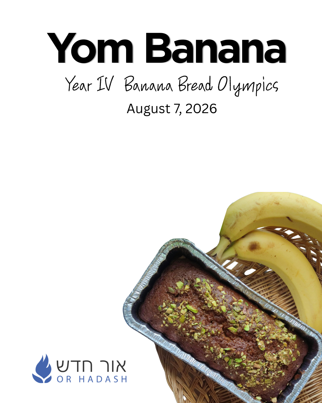 Rectangular baking pan with baked banana bread on a table with a bunch of yellow bananas.