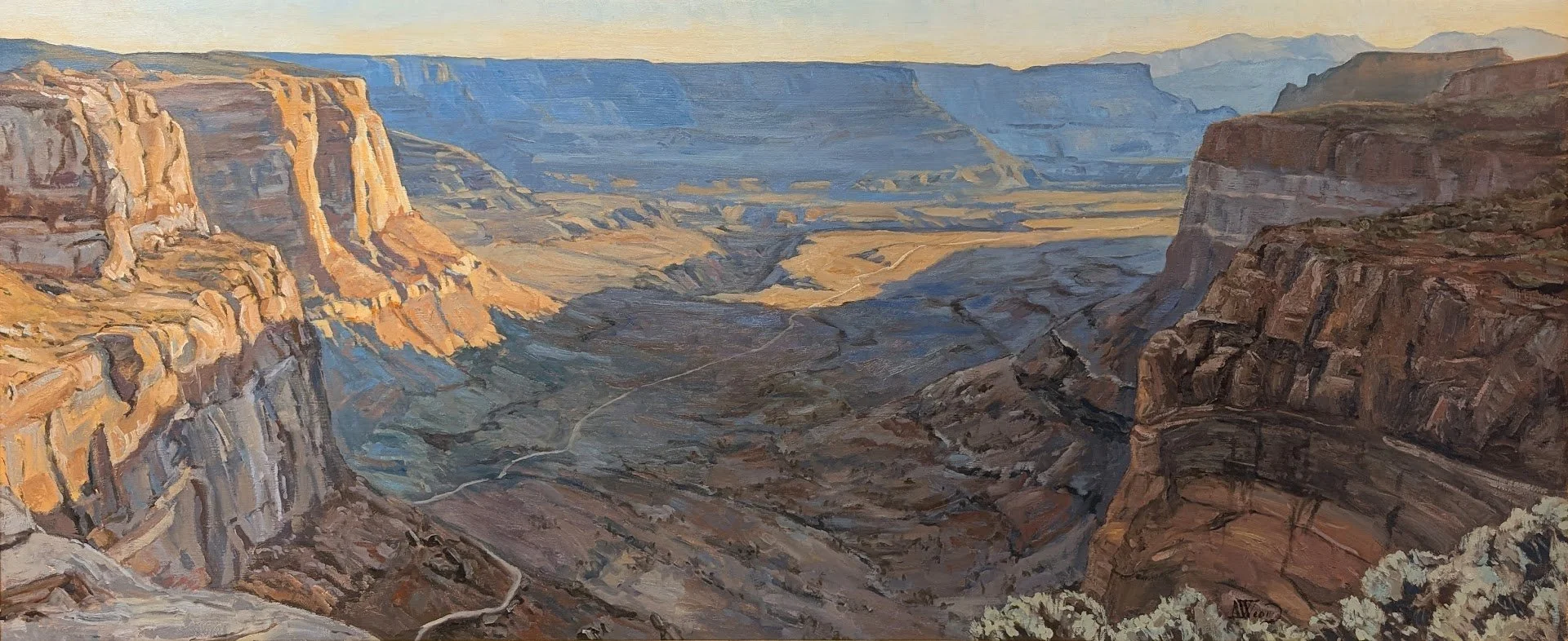 "The Shafer Trail," 20" x 48", Oil, 2026, Available through Mountain Sage Gallery, Helena, MT, $5250.00