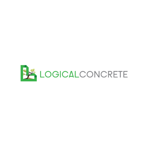 Logo for Logical Concrete with a green and black color scheme, featuring a stylized letter 'L' with a tree and concrete block design.