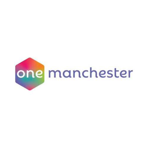 Logo of One Manchester with a multicolored hexagon and the words 'one manchester' next to it.