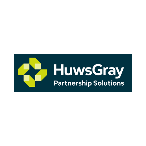 Logo for Huws Gray Supply Chain Solutions with green background and white text.