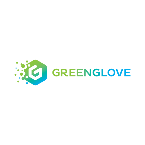 Logo for Greenglove featuring a stylized hexagonal graphic with digital-like particles and the text 'GREENGLOVE' in green and blue.