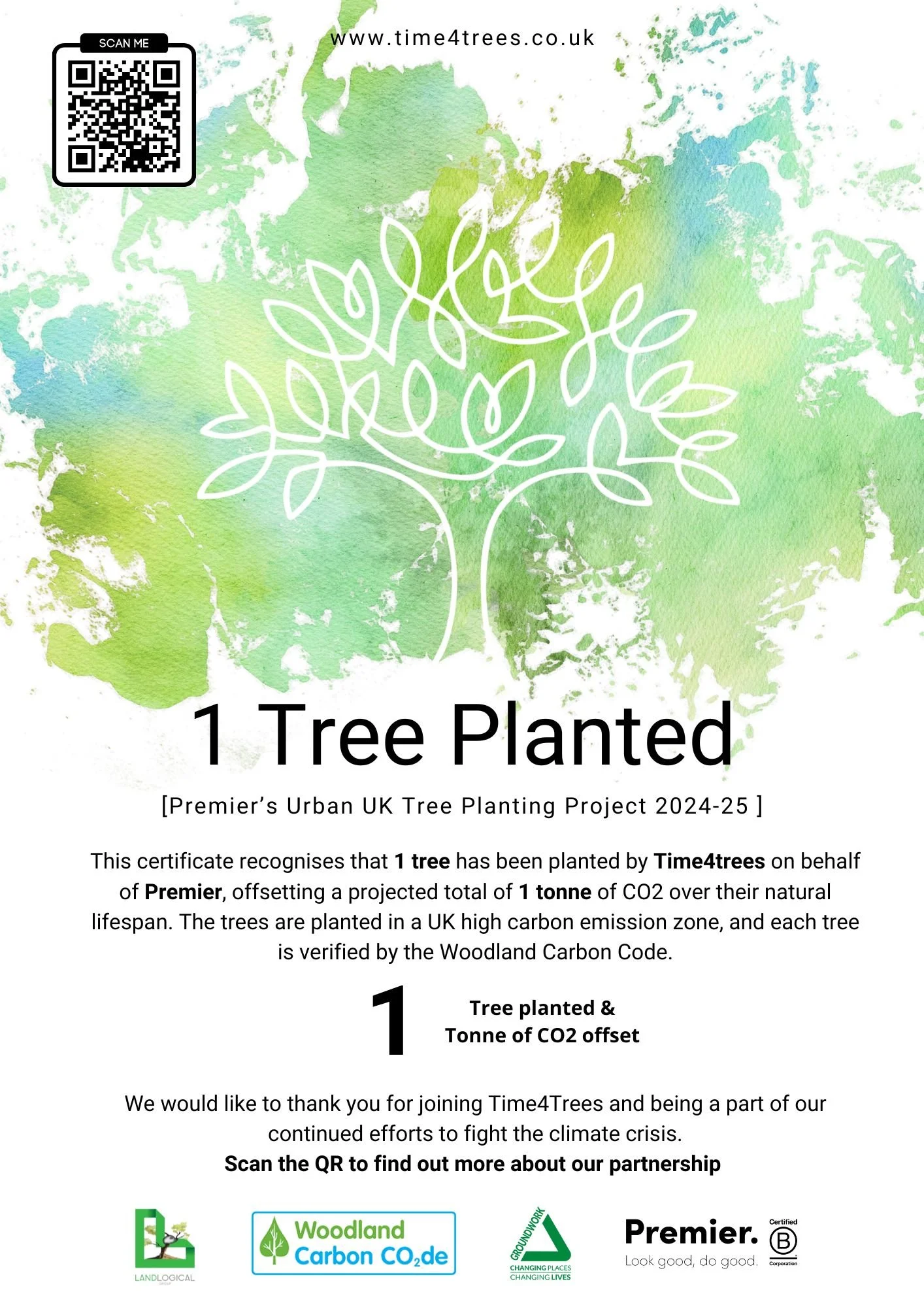 Certificate recognizing planting of one tree by Time4trees in the UK for Premier's Urban UK Tree Planting Project 2024-25, with a watercolored green background, a white line drawing of a tree, and a QR code in the top left corner.