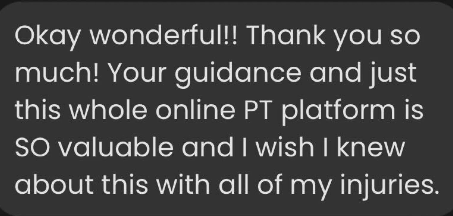 Online message thanking someone for guidance and describing the platform as valuable for injuries.