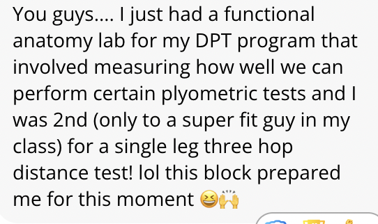 Text message expressing excitement about performing well in a DPT program anatomy lab, ranking second in a plyometric test.