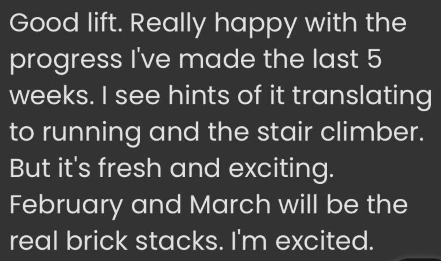 Text about fitness progress and excitement for future goals.