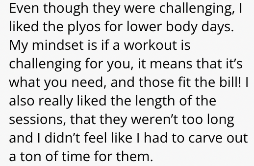 Text about challenging plyometric workouts for lower body days, preferring shorter sessions.