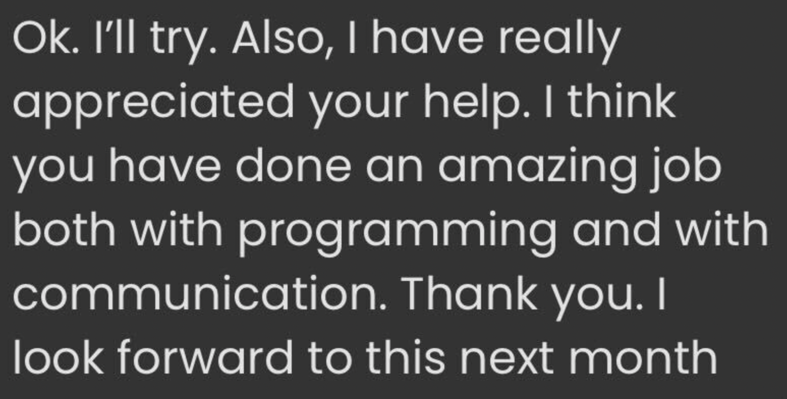 Text message expressing appreciation for help with programming and communication.