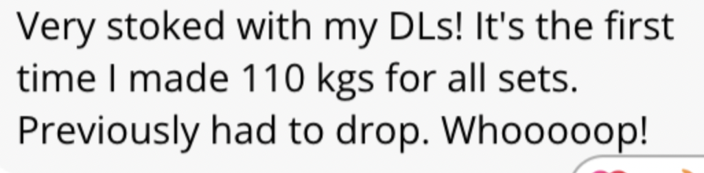 Text congratulating self for achieving 110 kgs in deadlifts for all sets.