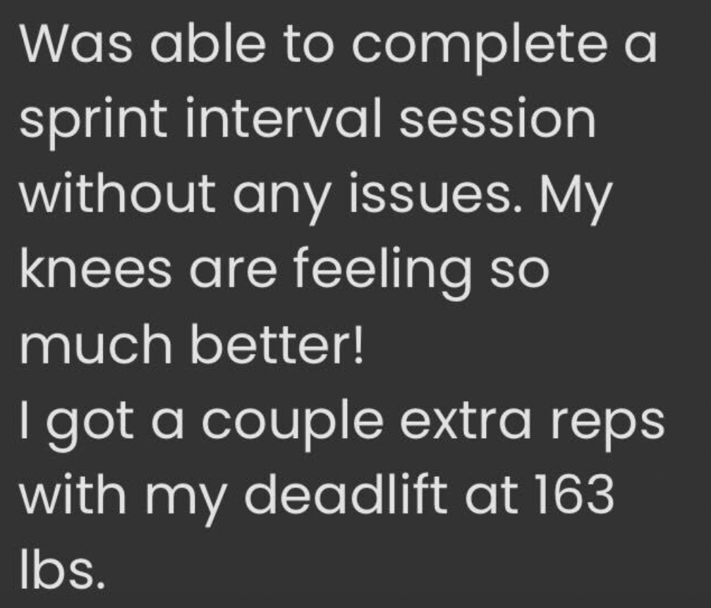 Text about completing a sprint interval session, improved knee condition, and achieving extra deadlift reps at 163 lbs.