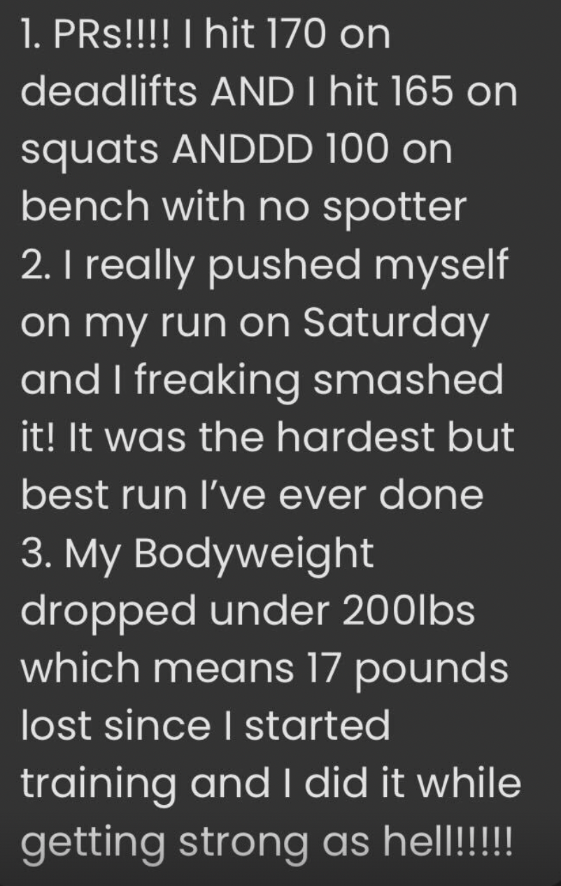 Text description of fitness achievements and personal records in lifting and running.
