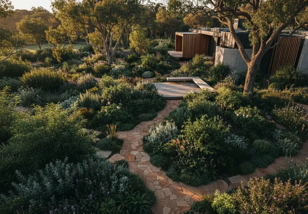 A lush garden with a winding stone pathway, various green bushes, and trees with sunlight filtering through the leaves.