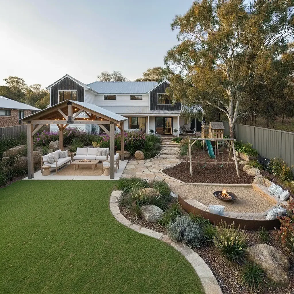 Backyard with artificial lawn, wooden gazebo with seating, stone pathway, garden with plants and flowers, children's playset with slide, fire pit, and large trees around a modern two-story house.
