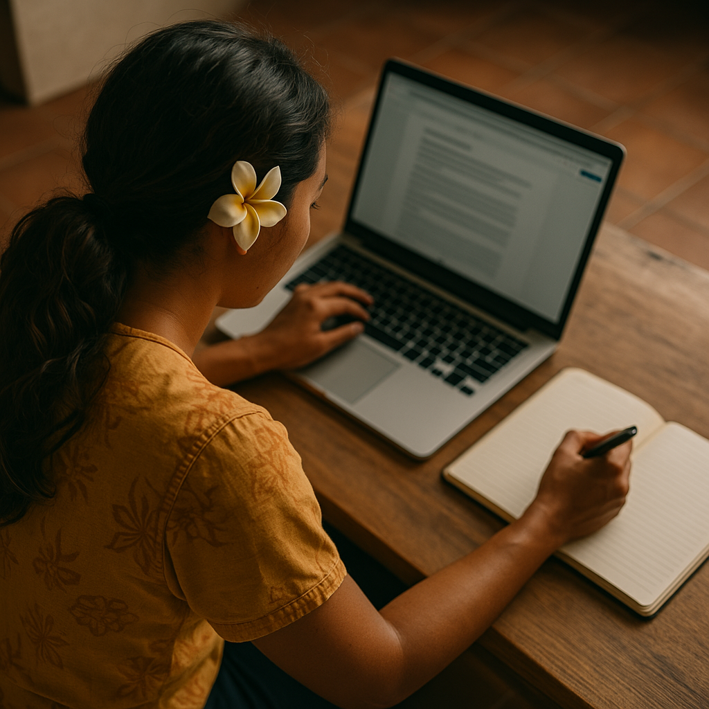 Woman working on a laptop with a notebook and a pen, wearing a yellow floral shirt and a flower in her hair.