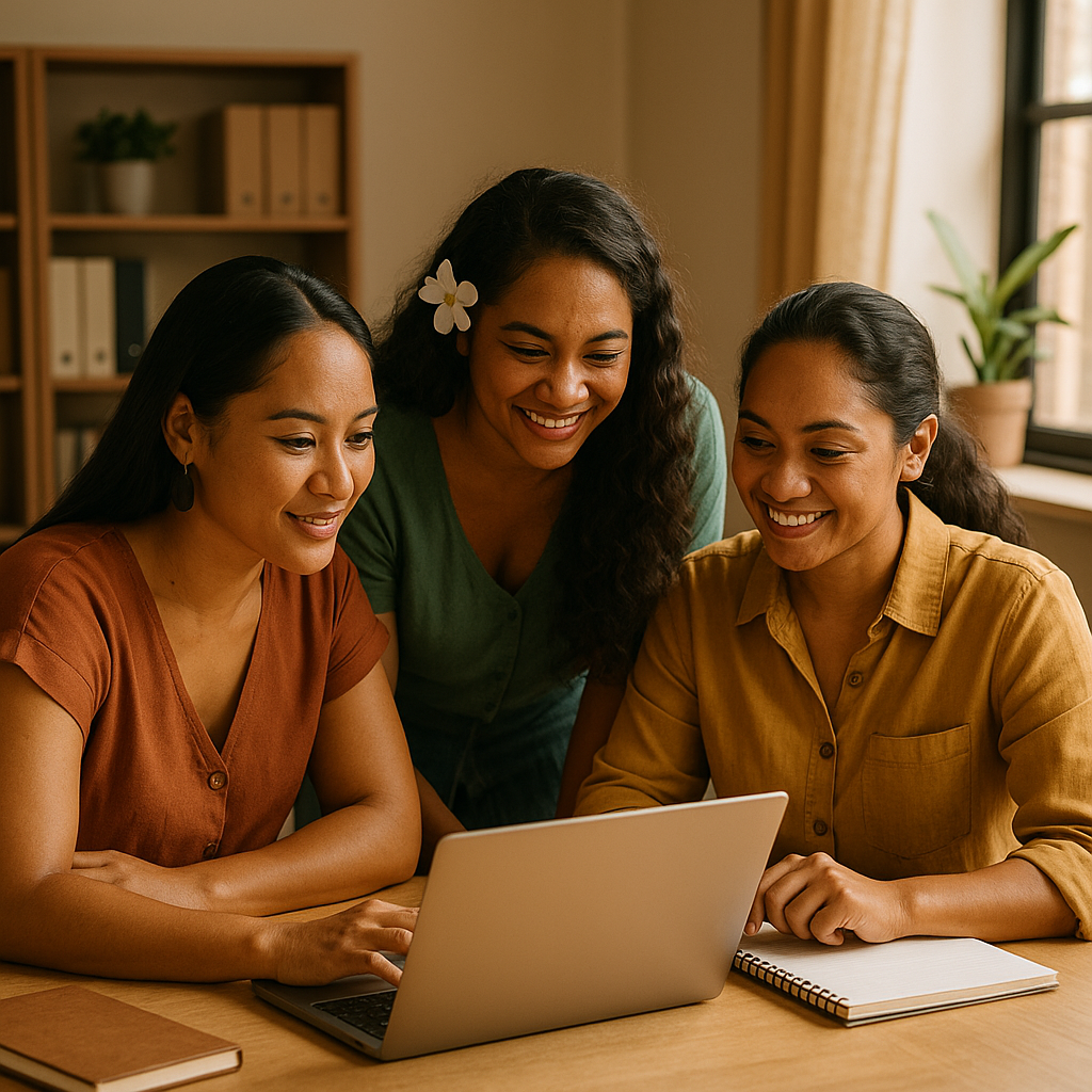 Three women gathered around a laptop smiling and looking at the screen in a cozy room with a window and plants.