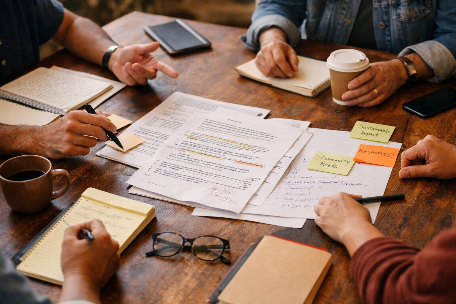 A group of people discussing documents at a wooden table, with notebooks, sticky notes, pens, and coffee cups.