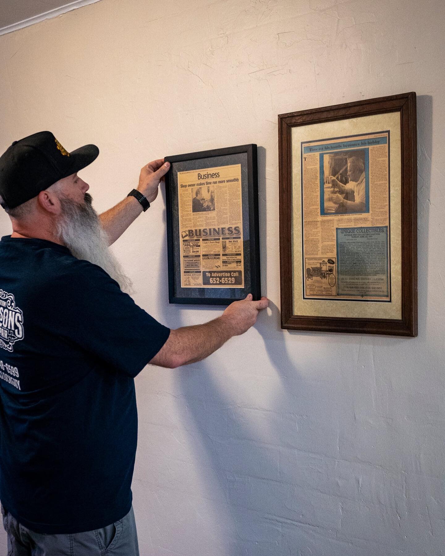 The first thing I did in my new shop was hang up the old newspaper articles about my dad and grandfather. I wouldn&rsquo;t be where I am without them. #horology