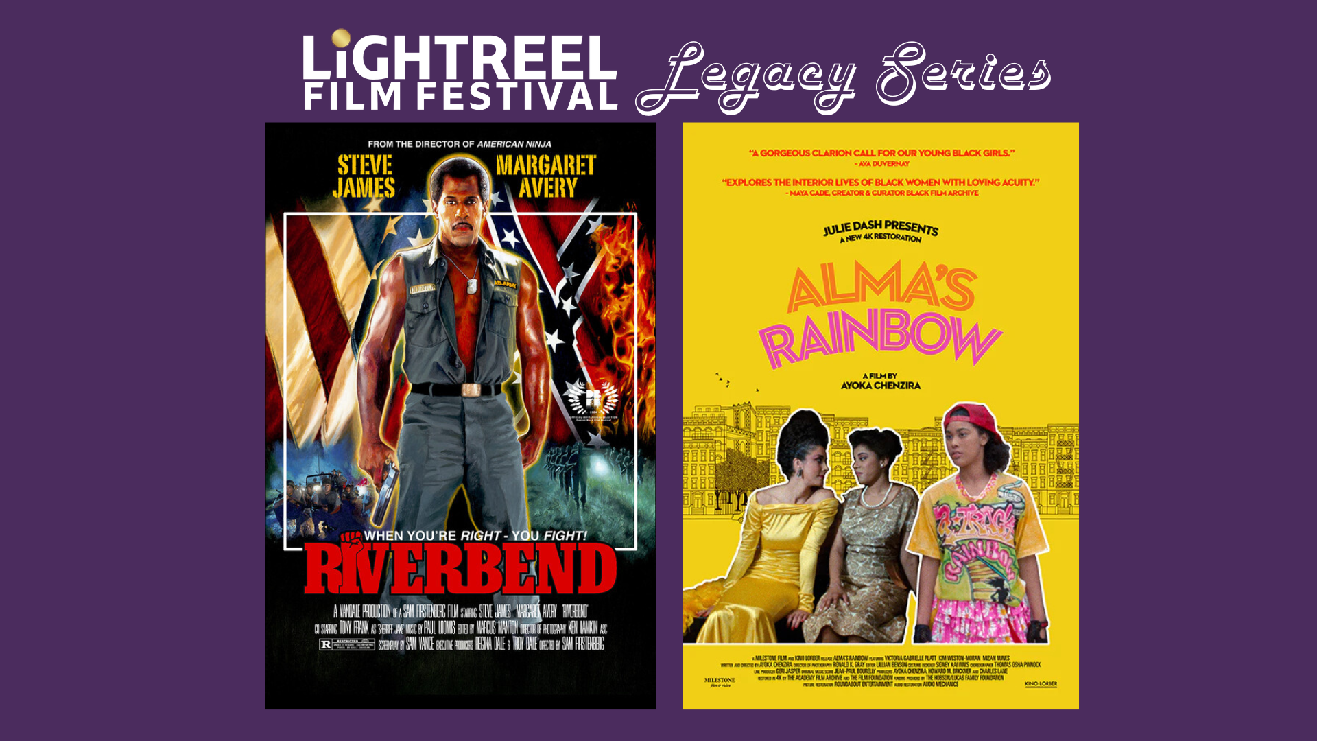 Posters for the LightReel Legacy Series films Riverbend and Alma’s Rainbow screening at the 2026 festival.