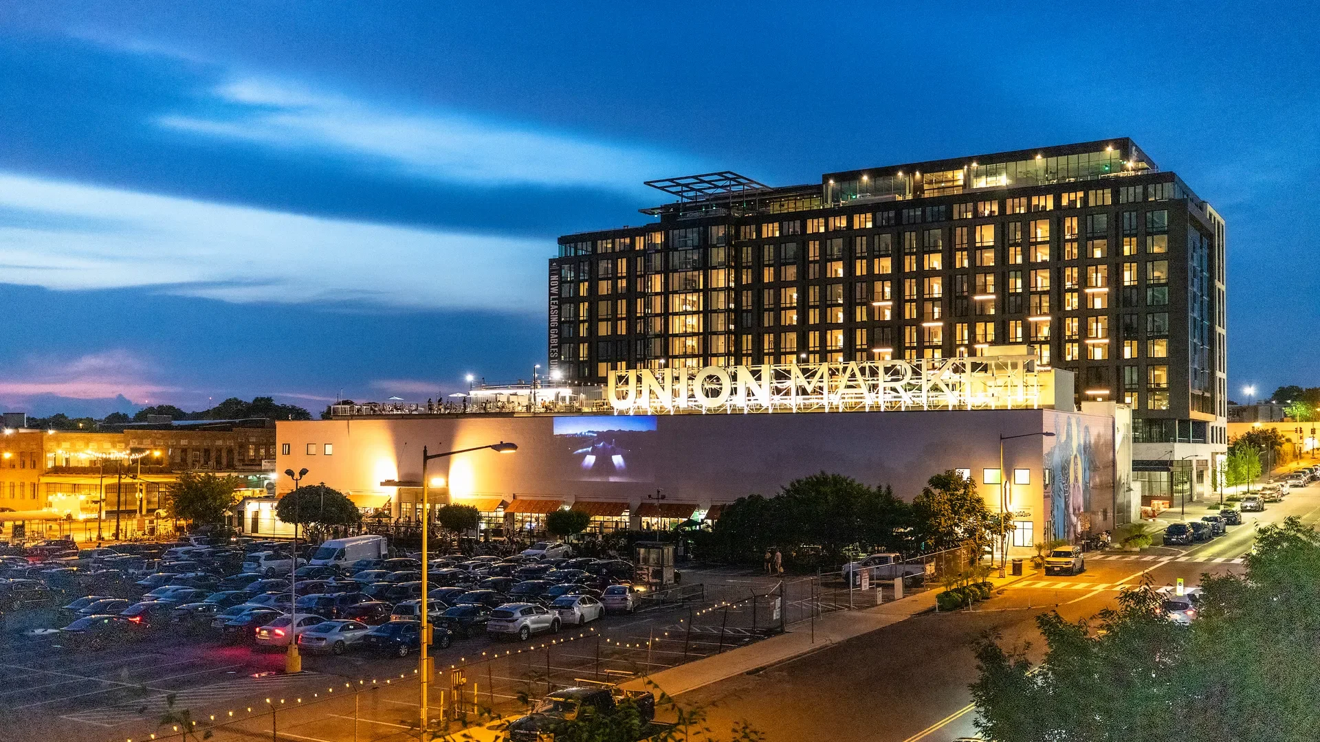 Union Market illuminated at dusk in Washington DC