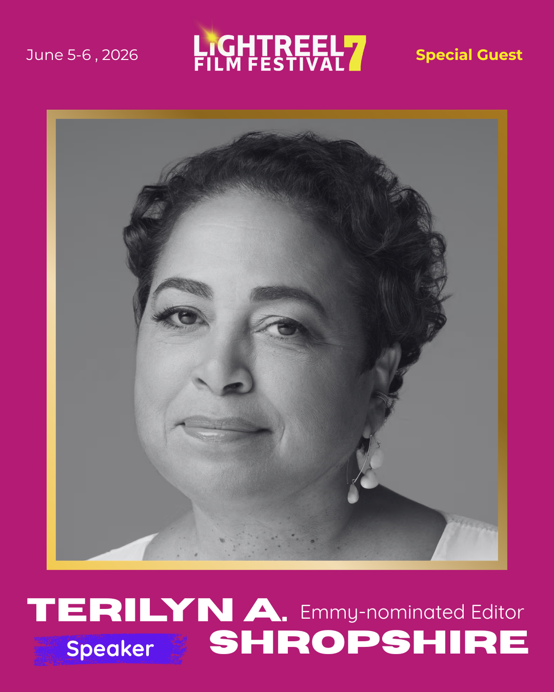 Black and white headshot of a woman with short, curly hair, wearing earrings and a white top, with a vibrant purple background and event details for LightReel Film Festival 2026.