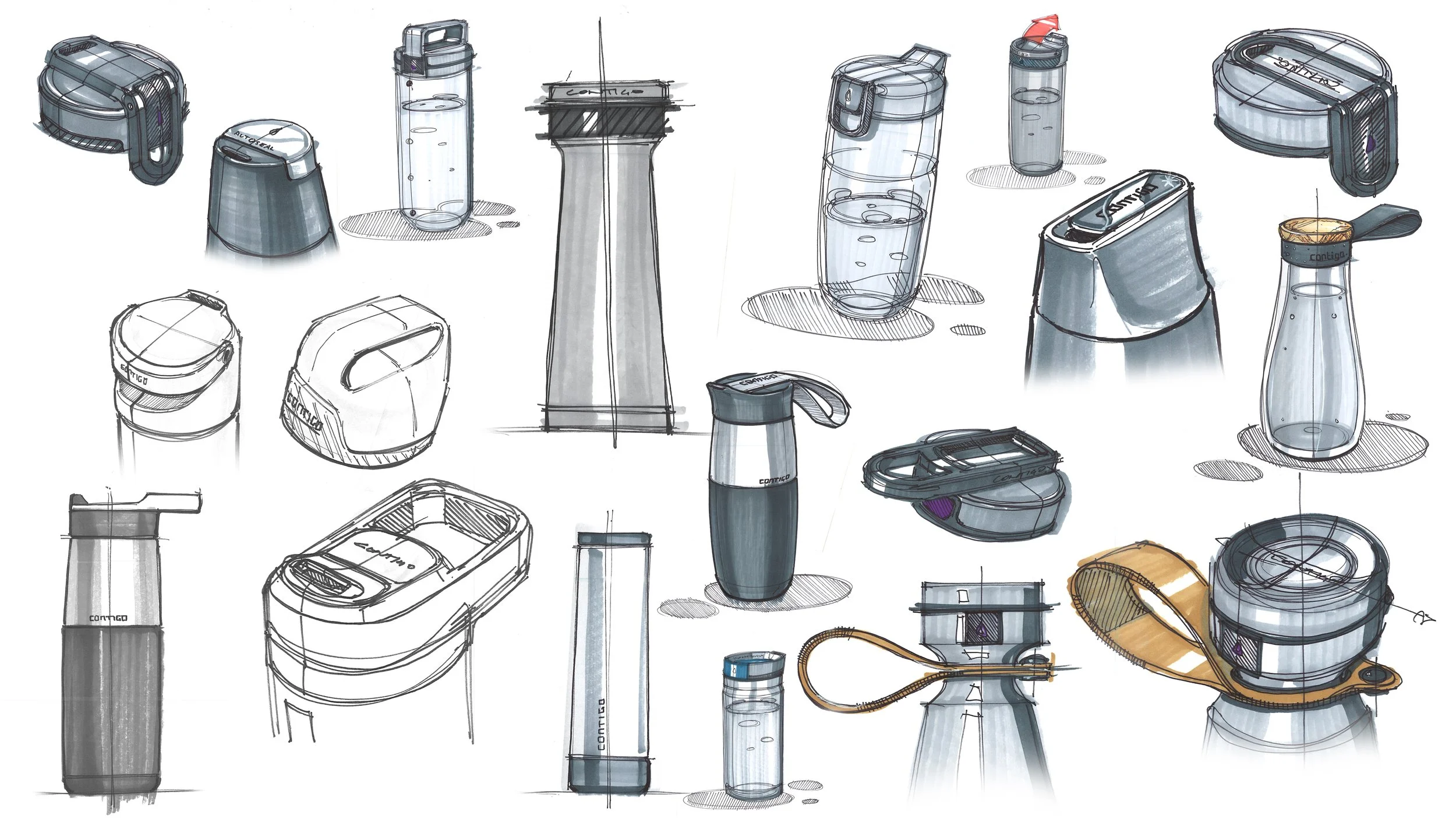 Concept Sketches for Hydration Bottles + Lids.