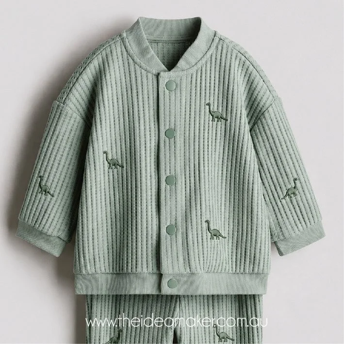 ⁠
Sophisticated dino time 🦕✨⁠
⁠
Tiny embroidered diplodocus details scattered across soft rib textures for a look that feels playful, elevated and timeless all at once 🤍⁠
⁠
I love creating kidswear that balances novelty with restraint &mdash; sweet