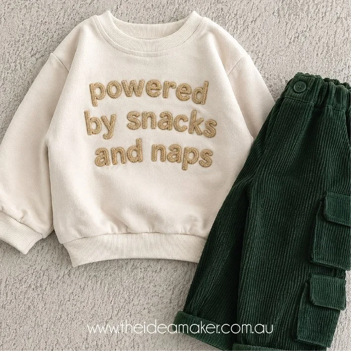 ⁠
Texture. Simplicity. Truth. A little irreverence 🤍⁠
⁠
Soft neutrals, chunky corduroy and loop pile embroidery made this outfit feel playful while still elevated. The oversized &ldquo;powered by snacks and naps&rdquo; embroidery was designed to fee