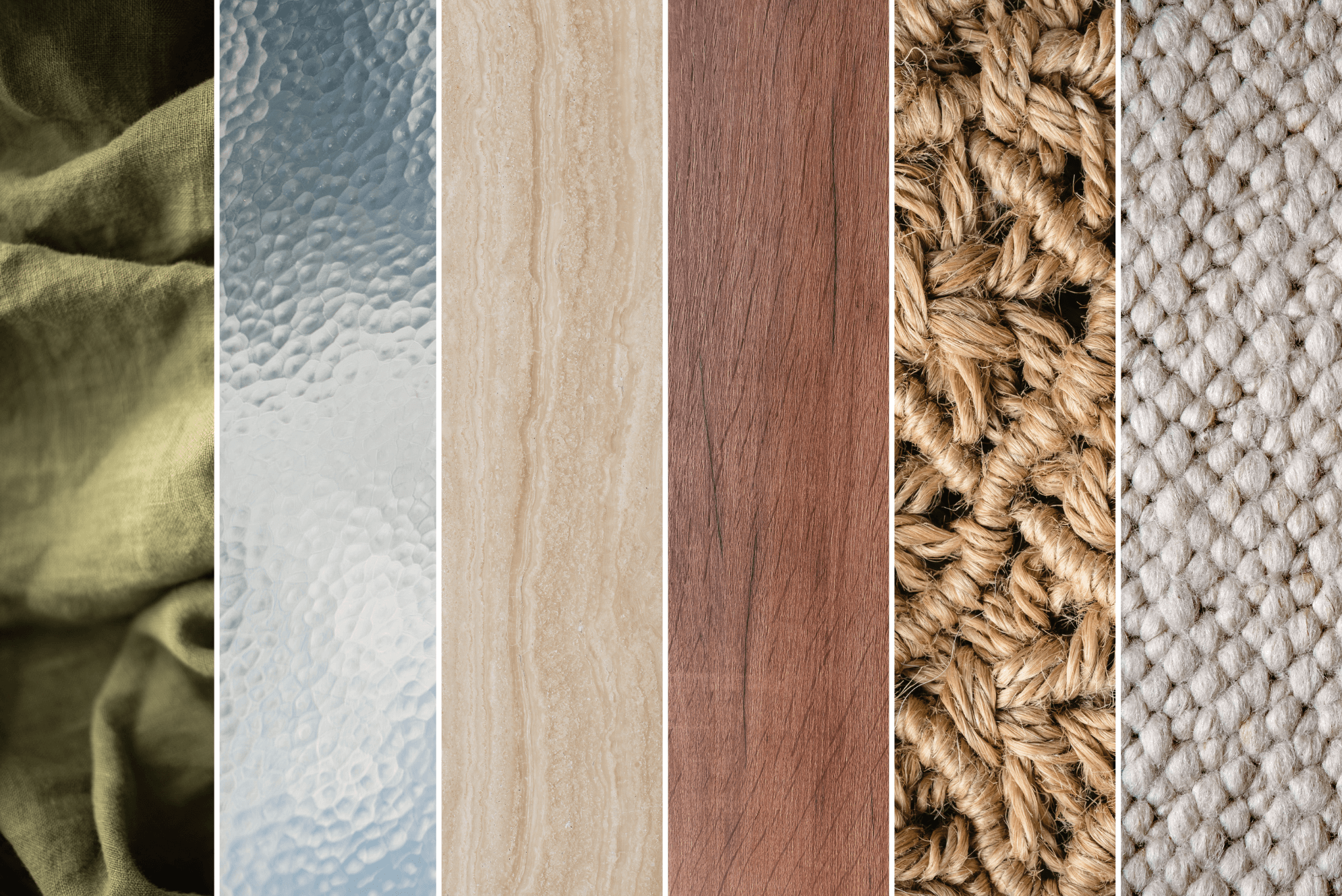 A selection of low-tox natural materials, including solid wood, organic fabrics, and stone, ideal for sustainable and luxury home design.