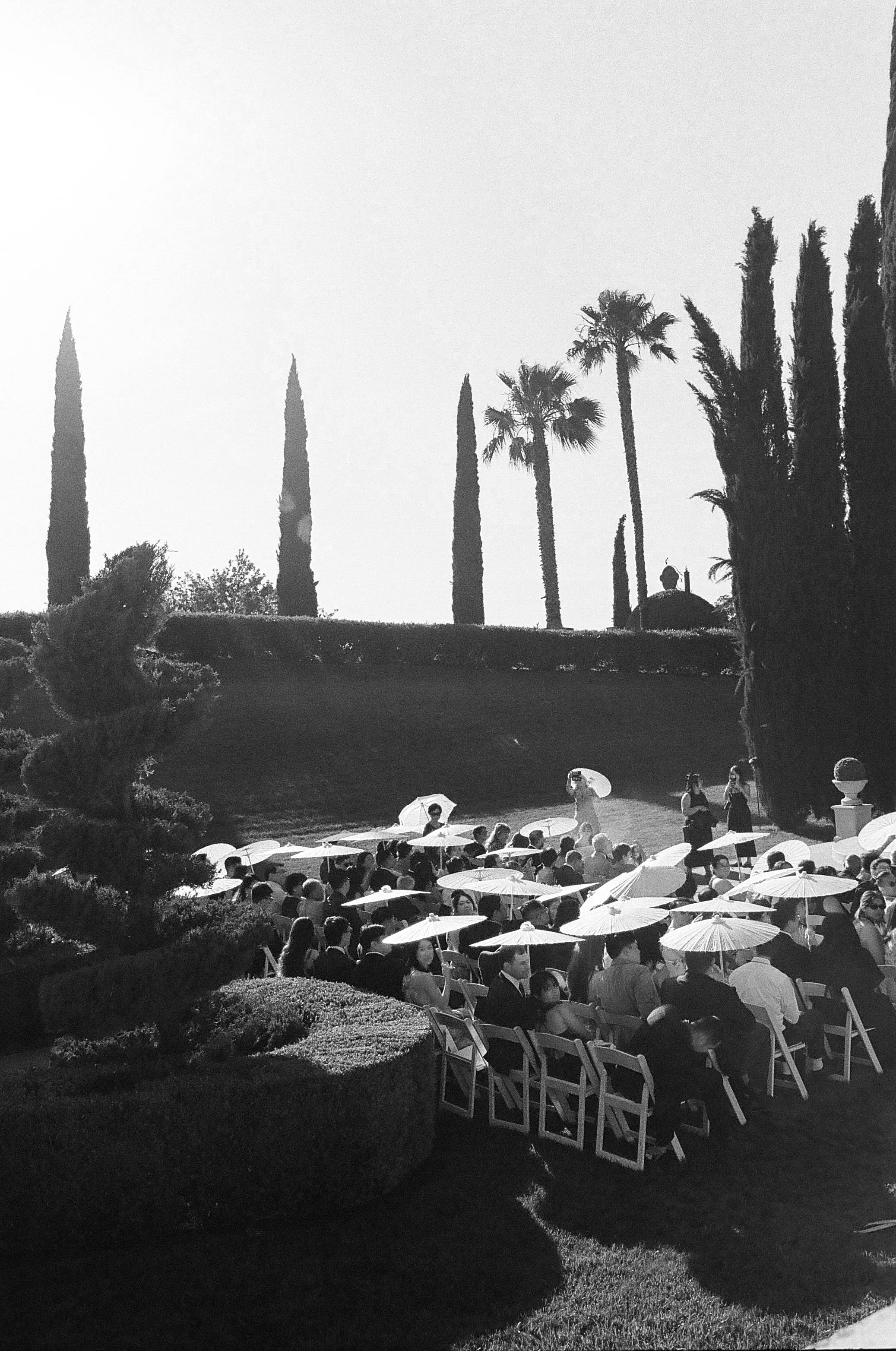 A large outdoor gathering with many people sitting in chairs and holding umbrellas under a sunny sky, with tall trees in the background.