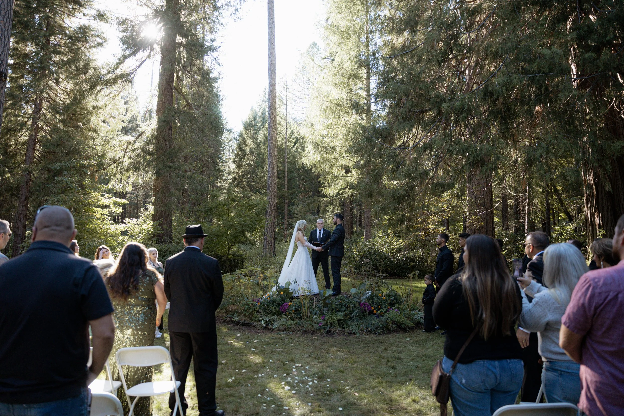 A wedding ceremony setup in the trees at a California wedding venue